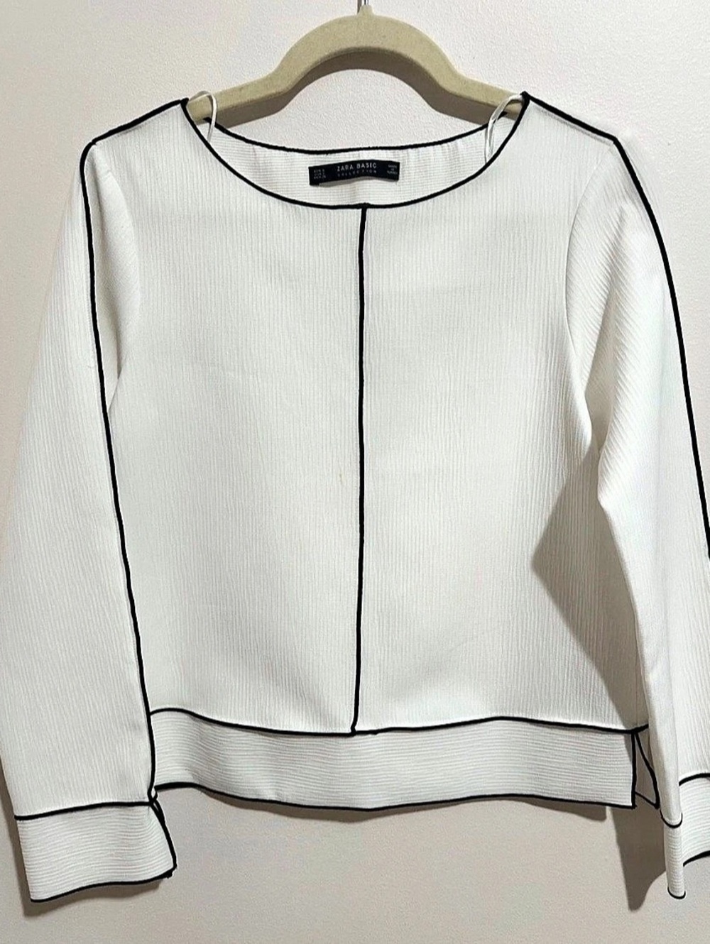 Zara White Piped Long Sleeve Blouse Size Small